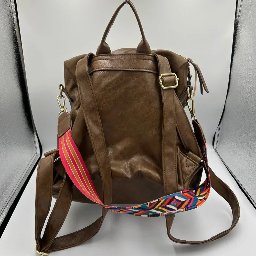Unbranded Backpack Purse‎ Womens Medium Brown Faux Leather Guitar Strap Boho